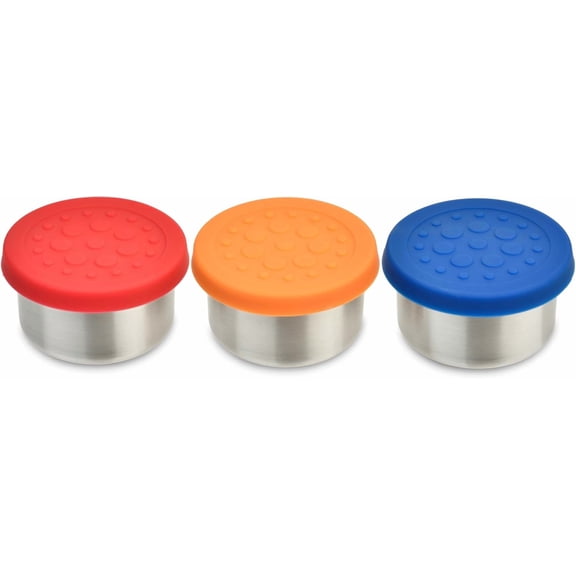 LunchBots 1.5oz Leak Proof Dips Condiment Containers - Set of 3 (1.5 oz) - Spill Proof in Bags and Bento Boxes - Food Grade Stainless Steel and Silicone Lids - Dishwasher Safe - Primary Set