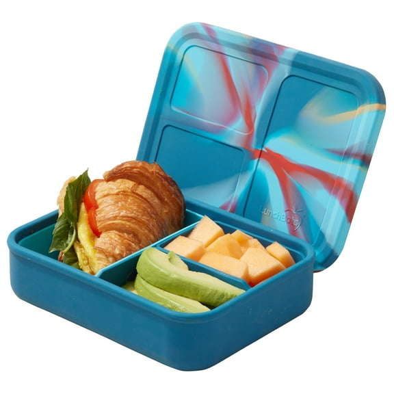 LunchBots Build -a- Bento, Platinum Food Grade Silicone Bento Box, Leak Proof, BPA Free, Oven & Dishwasher safe 32 oz Capacity - Tie Dye Blue