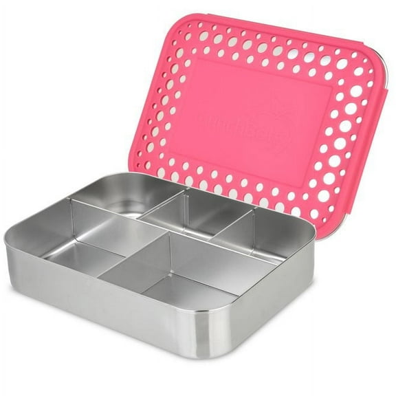 LunchBots Large Cinco Stainless Steel Lunch Container - Five Section Design Holds a Variety of Foods - Metal Bento Box for Kids or Adults - Dishwasher Safe - Stainless Lid - Pink Dots