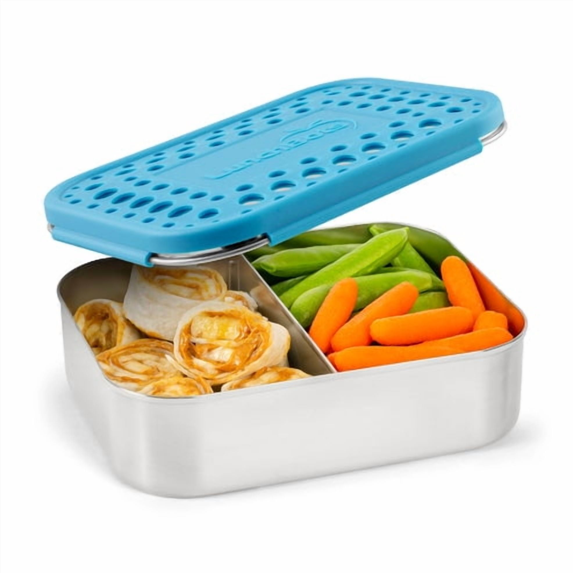 LunchBots Medium Duo Snack Container - Divided Stainless Steel Food Container - Two Sections for Half Sandwich and a Side - Eco-Friendly - Dishwasher Safe - Stainless Lid - Aqua Dots