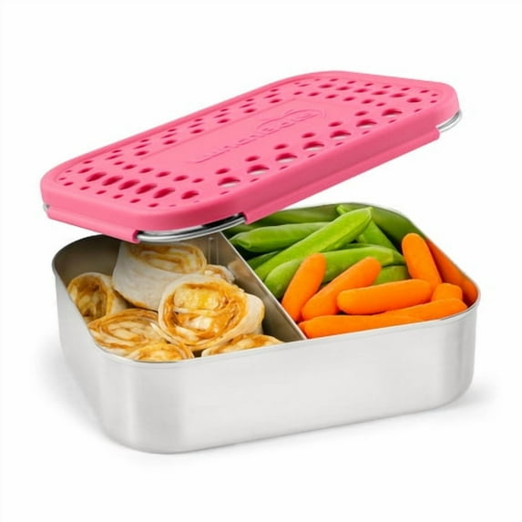 LunchBots Medium Duo Snack Container - Divided Stainless Steel Food Container - Two Sections for Half Sandwich and a Side - Eco-Friendly - Dishwasher Safe - Stainless Lid - Pink Dots