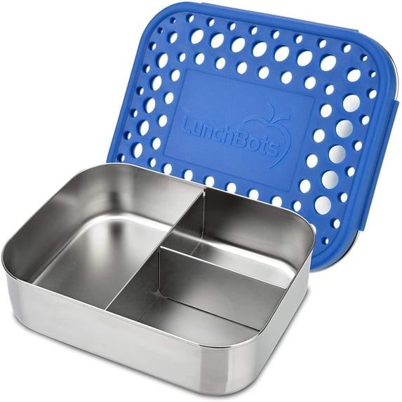 LunchBots Medium Trio II Snack Container - Divided Stainless Steel Food Container - Three Sections for Snacks On the Go - Eco-Friendly, Dishwasher Safe, BPA-Free - Stainless Lid - Blue Dots