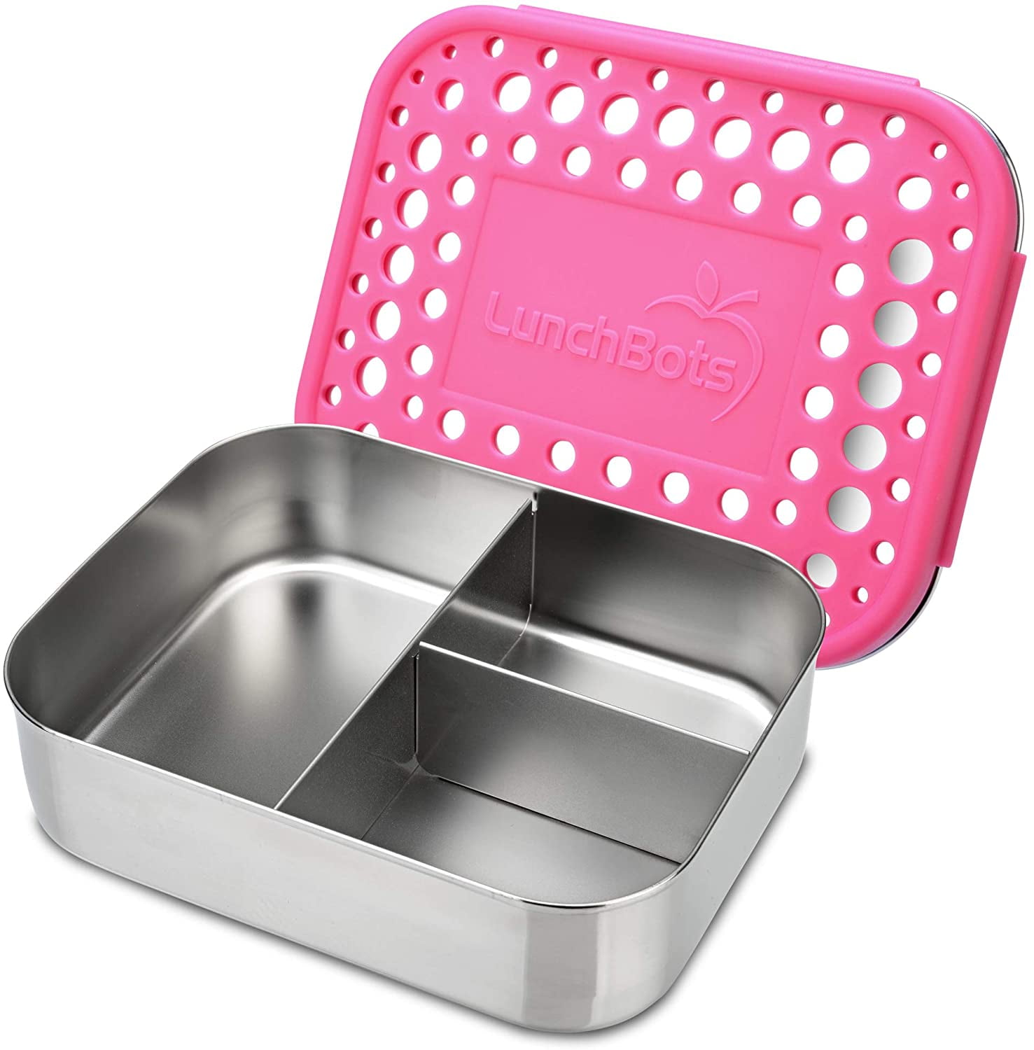 LunchBots Medium Trio II Snack Container - Divided Stainless Steel Food Container - Three Sections for Snacks On the Go - Eco-Friendly, Dishwasher Safe, BPA-Free - Stainless Lid - Pink Dots