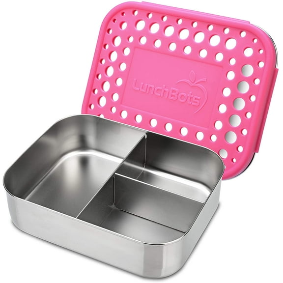 LunchBots Medium Trio II Snack Container - Divided Stainless Steel Food Container - Three Sections for Snacks On the Go - Eco-Friendly, Dishwasher Safe, BPA-Free - Stainless Lid - Pink Dots