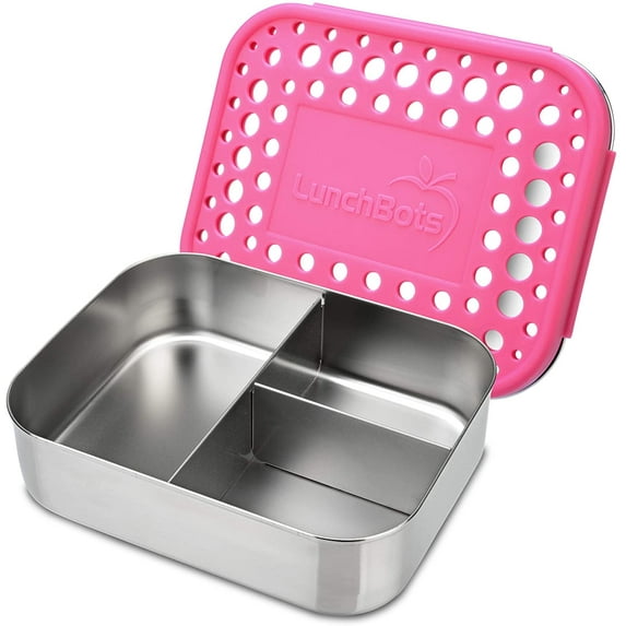 LunchBots Medium Trio II Snack Container - Divided Stainless Steel Food Container - Three Sections for Snacks On the Go - Eco-Friendly, Dishwasher Safe, BPA-Free - Stainless Lid - Pink Dots