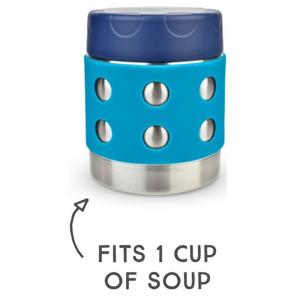 LunchBots Thermal 8 oz Triple Insulated Food Container - Hot 6 Hours or Cold 12 Hours - Leak Proof Thermos Soup Jar - All Stainless Interior - Navy Lid - Aqua Dots