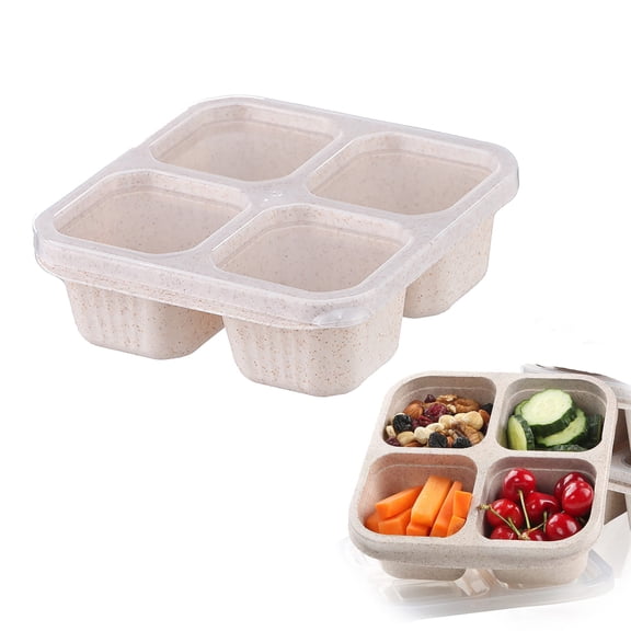 Lunchable Snack Container with Lid 4 Compartment Divided Bento Fruit Box Meal Prep Reusable Container Food Storage Containers for School Work Travel Picnic(Beige)