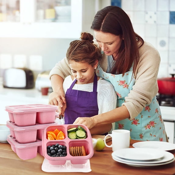 Lunchable Snack Container with Lid 4 Compartment Divided Bento Fruit Box Meal Prep Reusable Container Food Storage Containers for School Work Travel Picnic(Pink)