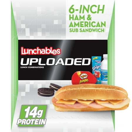 Lunchables Uploaded 6-Inch Ham & American Cheese Sub Sandwich Meal Kit with Water, Chocolate Sandwich Cookies, Pringles Potato Crisps & Kool-Aid Tropical Punch Single, 15 oz Box