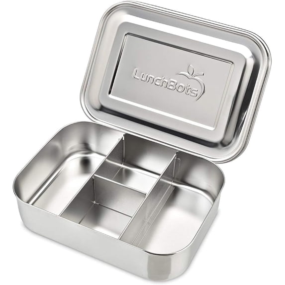 LunchBots Small Protein Packer Toddler Bento Box - Extra Small Divided Stainless Steel Snack Container - 4 Sections for 1-2oz of Nuts, Meat, Cheese, Finger Foods - Dishwasher Safe - Stainless Lid
