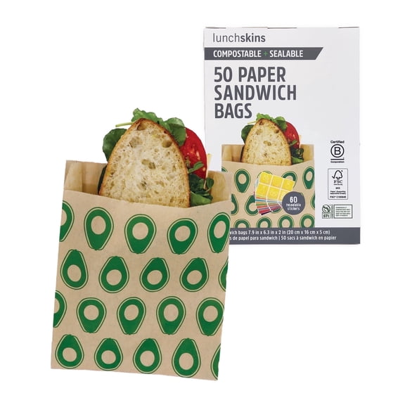Lunchskins Sandwich Bags – 50 Count | Avocado Design | Eco-Friendly Food Storage Bags Made from Unbleached Kraft Paper with Recyclable Resealable Stickers
