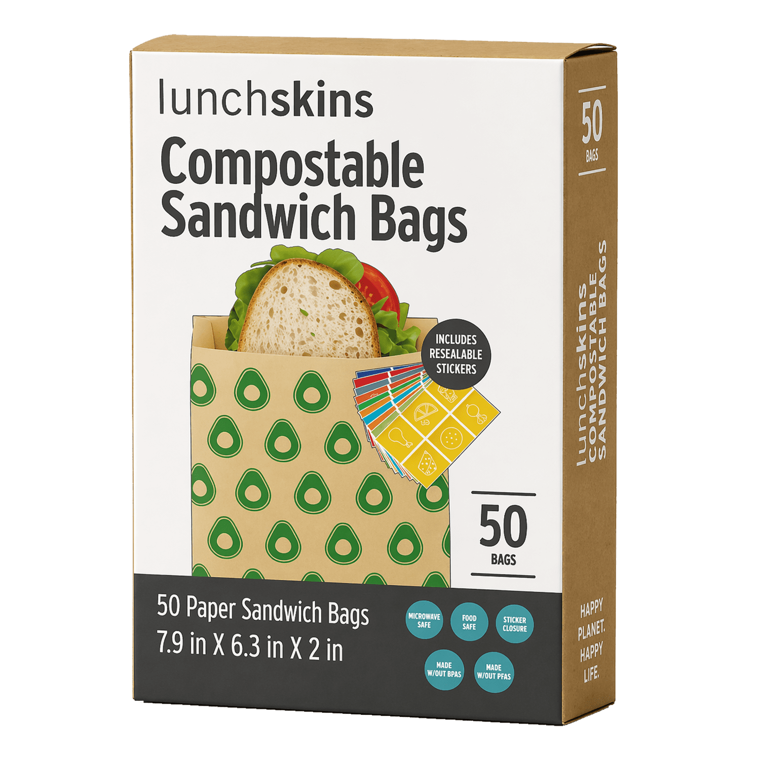 Lunchskins Sandwich Bags – 50 Count | Avocado Design | Eco-Friendly Food Storage Bags Made from Unbleached Kraft Paper with Recyclable Resealable Stickers