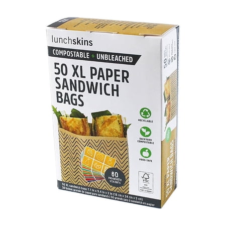 Lunchskins XL Compostable Sandwich Bags, 50 Count, Chevron Design, Eco-Friendly Kraft Paper with Recyclable Stickers