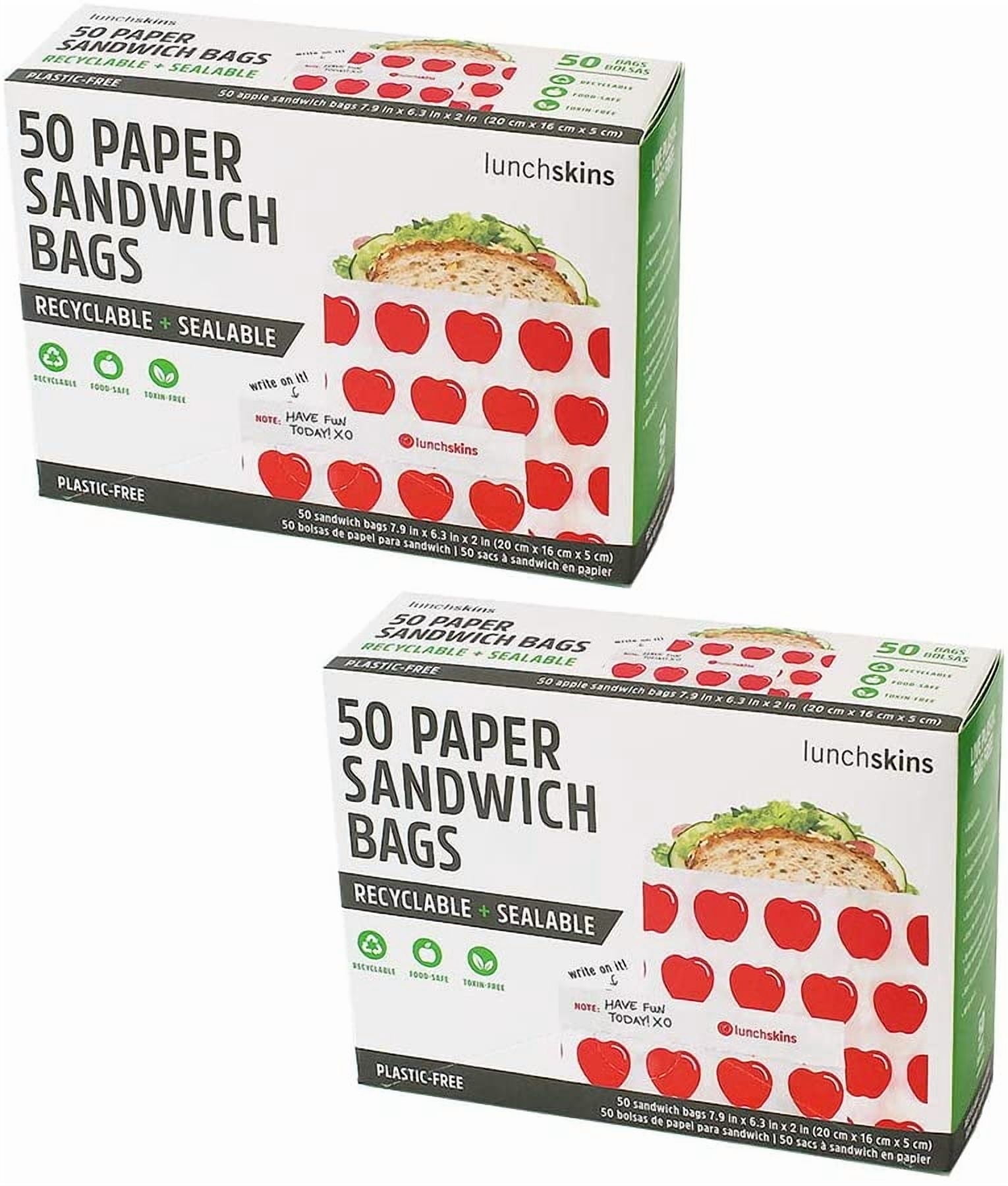 Lunchskins Recyclable & Sealable Food Storage Sandwich Bags, Apple Design, 100 Bags - Eco-Friendly