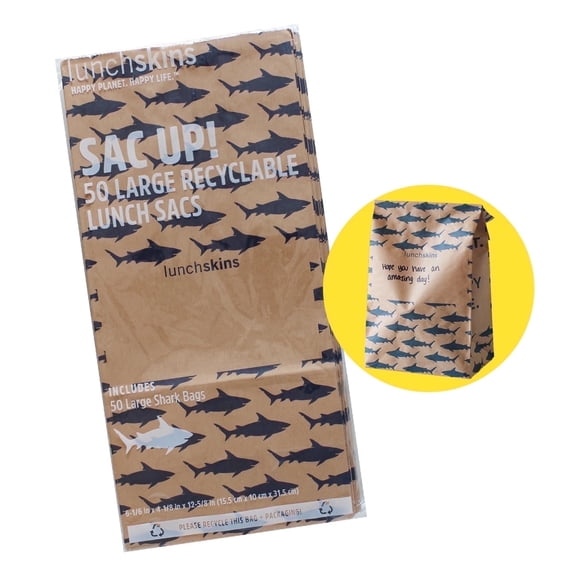 Lunchskins Large Paper Lunch Sacs – 50 Pack | Brown Kraft Paper Bags with Shark Print & Note Area | Eco-Friendly Lunch, Snack, and Treat Bags