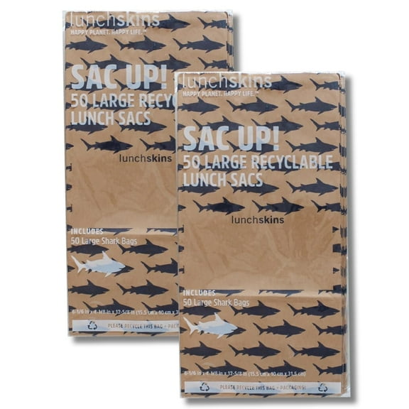Lunchskins Recyclable Large Paper Lunch Sacs-Brown Paper Sacs With Note Area, Kraft Paper Shark Print Bags, Pack of 100