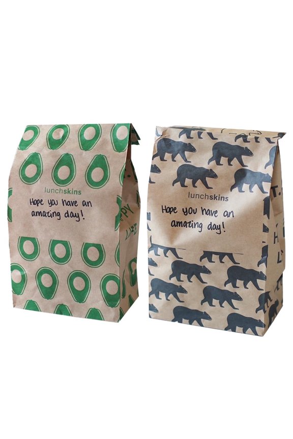Compostable Paper Lunch Bags Variety Pack  50 Count | Brown Kraft Paper Sacs with Note Area | 25 Avocado Print + 25 Bear Print Eco-Friendly Lunch and Snack Bags