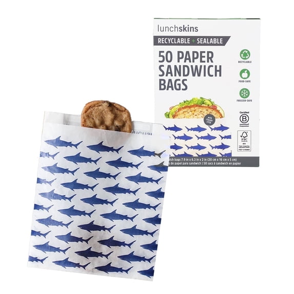 Lunchskins Recyclable & Sealable Paper Sandwich Bags – 50 Count | Shark Design | Eco-Friendly Grease-Resistant Glassine Snack Bags with Self-Adhesive Closure for Freshness
