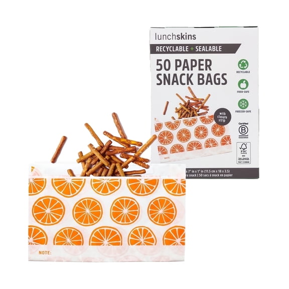 Lunchskins Recyclable & Sealable Paper Snack Bags – 50 Count | Orange Design | Eco-Friendly Grease-Resistant Glassine Food Storage Bags with Self-Adhesive Closure for Freshness
