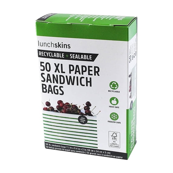 Lunchskins Recyclable & Sealable XL Sandwich Bags – 50 Count | Stripe Design | Eco-Friendly Food Storage Bags Made from Grease-Resistant Glassine Paper with Self-Adhesive Closure