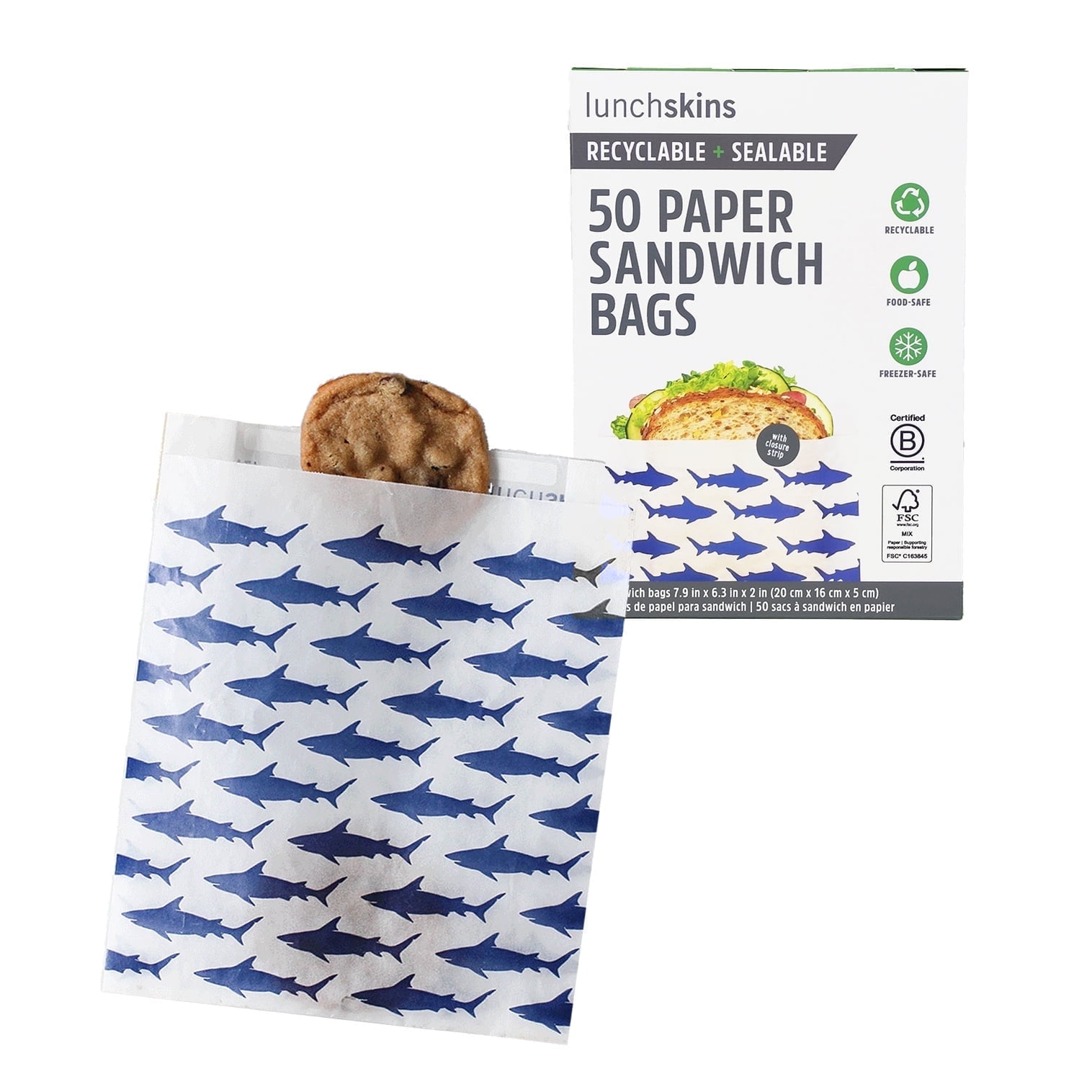 Lunchskins Recyclable Sealable Food Storage Sandwich Bags Shark Design 50 Bags Eco Friendly Made Without BPA