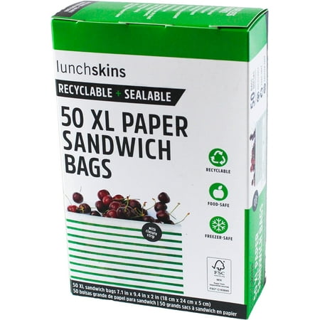 Lunchskins Recyclable & Sealable XL Food Storage Sandwich Bags Stripe, 50 count