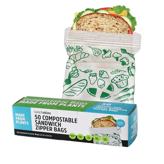Lunchskins Ziptop Compostable & Resealable Freezer-Safe Food Storage Bags, Sandwich Size, 50 Bags - Eco-Friendly