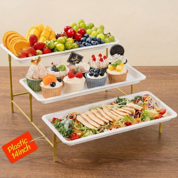 Luncia 3-Tier Serving Tray – White Plastic Tiered Food Platters with Collapsible Gold Metal Stand, 14" x 6.5"