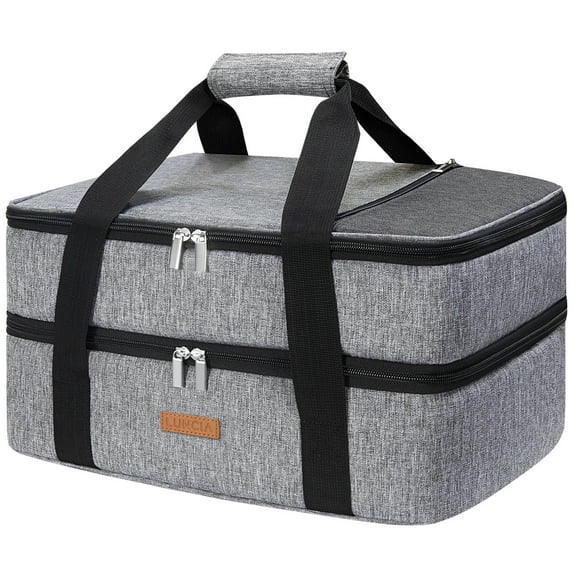 Luncia Double Decker Insulated Casserole Carrier for Hot or Cold Food, Lasagna Holder Tote, Grey