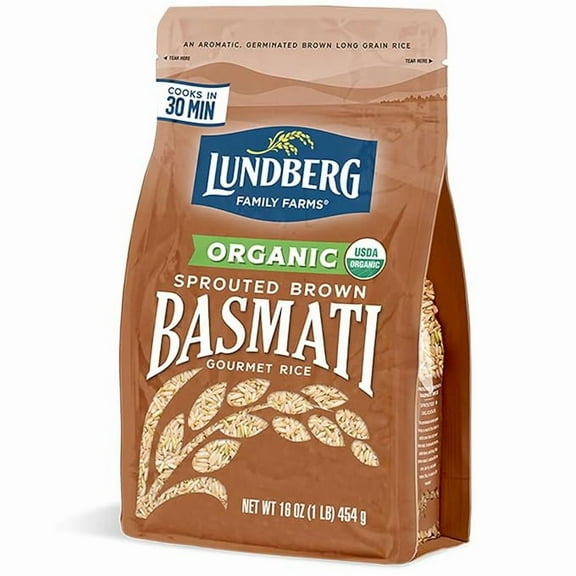 Lundberg Basmati Rice, Organic Sprouted Brown Long Grain Rice - Nutty & Nutritious Brown Rice Grown in California, Ready to Eat in 30 Minutes, Pantry Staples, 16 Oz