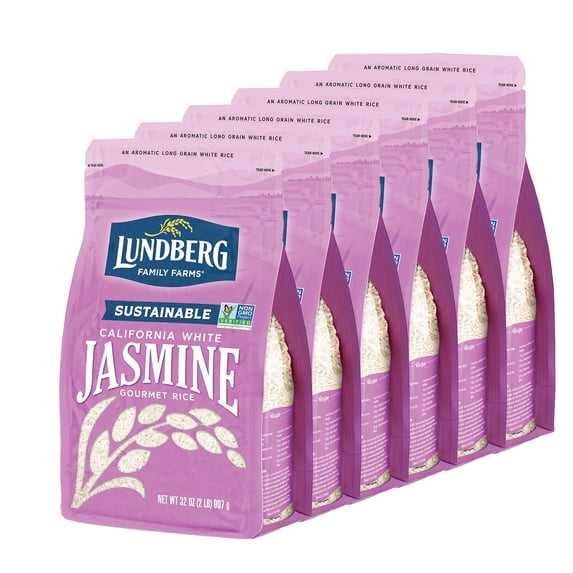 Lundberg Family Farms - California White Jasmine Rice, Floral Scent, Fluffy Texture, Buttery Flavor, Clings When Cooked, Bulk Rice, Pantry Staple, Gluten-Free, Non-GMO, Vegan, Kosher (32 oz, 6-Pack)