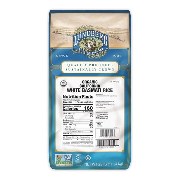 Lundberg Family Farms Organic California White Basmati Rice, 25-Pound