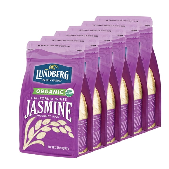 Lundberg Family Farms - Organic California White Jasmine Rice, Floral Scent, Buttery Flavor, Clings When Cooked, Bulk Rice, Gluten-Free, Non-GMO, USDA Certified Organic, Vegan, Kosher (32 oz, 6-Pack)