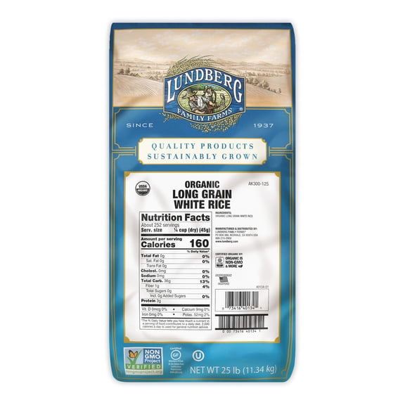 Lundberg Family Farms - Organic White Long Grain Rice, Subtle Flavor, Remains Separate When Cooked, Pantry Staple, Bulk Rice, Gluten-Free, Non-GMO, USDA Certified Organic, Vegan, Kosher (25 lb)