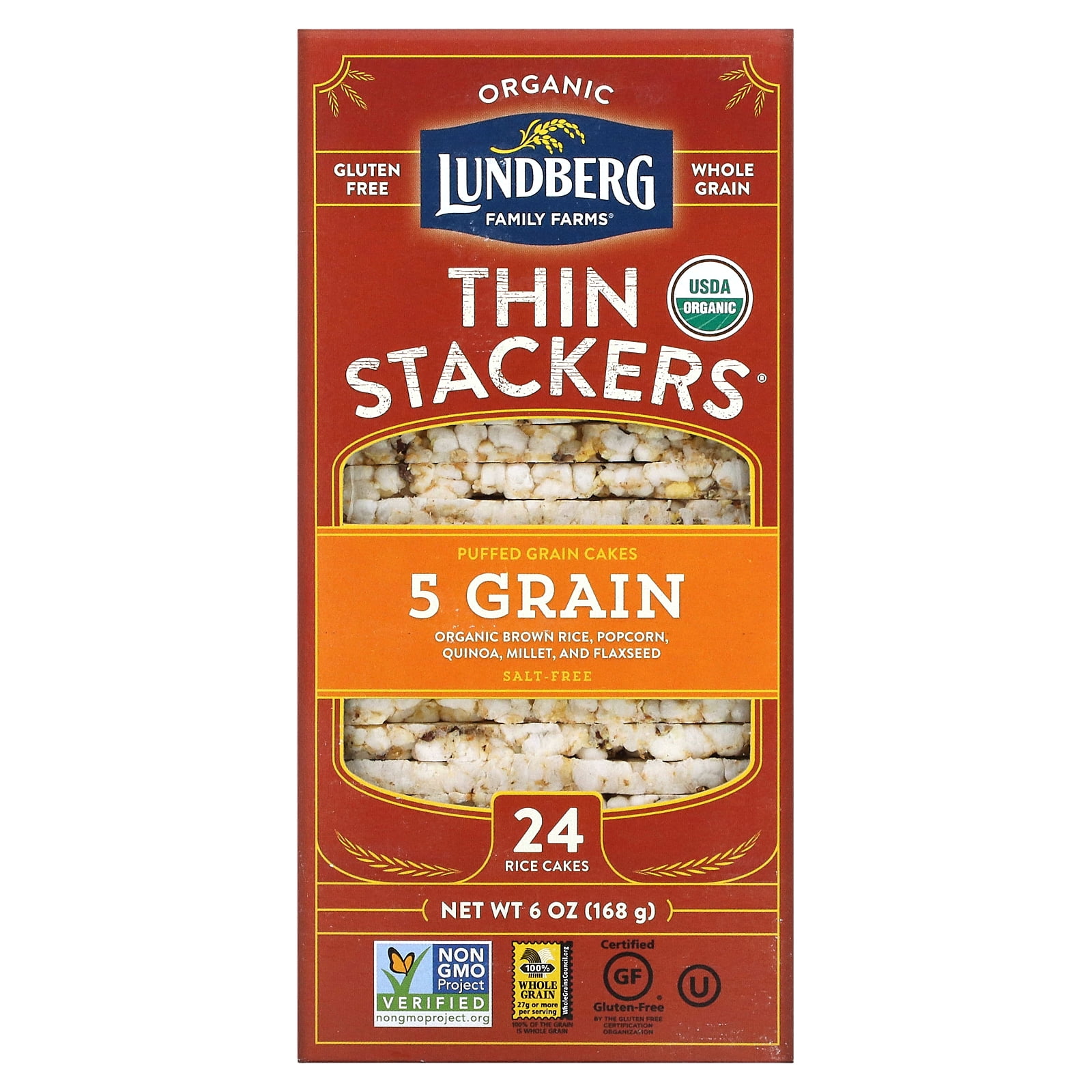 Lundberg, Organic Thin Stackers, Puffed Grain Cakes, 5 Grain, SaltFree, 24 Rice Cakes, 6 oz