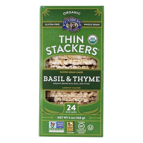 Lundberg, Organic Thin Stackers, Puffed Grain Cakes, Basil & Thyme, Lightly Salted, 24 Rice Cakes, 6 oz (168 g) Pack of 3