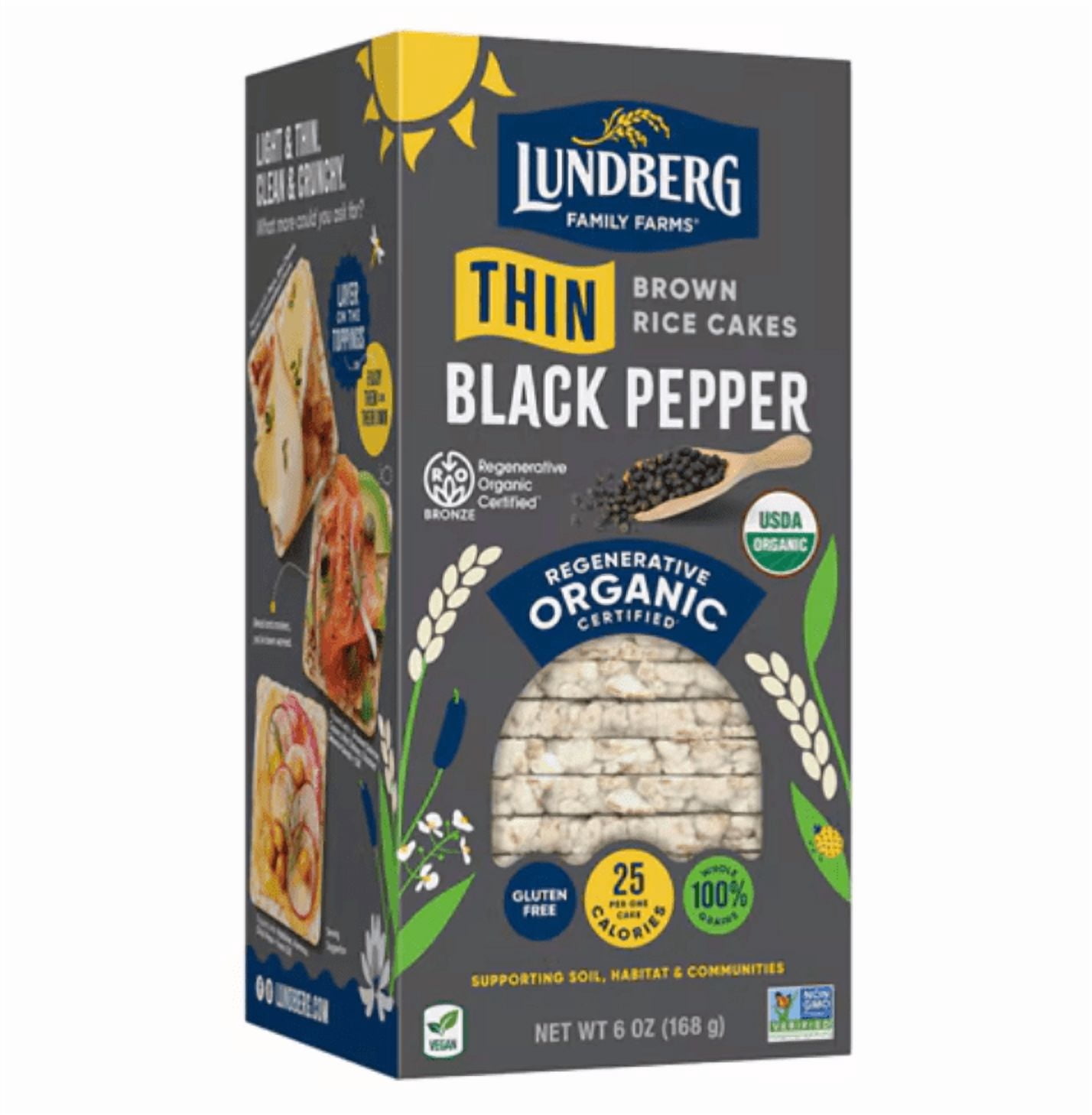 Lundberg, Organic Thin Stackers, Puffed Grain Cakes, Cracked Black Pepper, Lightly Salted, 24 Rice Cakes, 6 oz Pack of 4