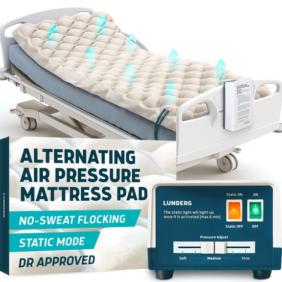 Lunderg Alternating Air Pressure Mattress Pad - with Flock-Tech & Static Mode - Bed Sore Prevention Must Have - Includes Multi-Layer Hospital Bed Mattress Topper Pad & Improved Quiet Pump