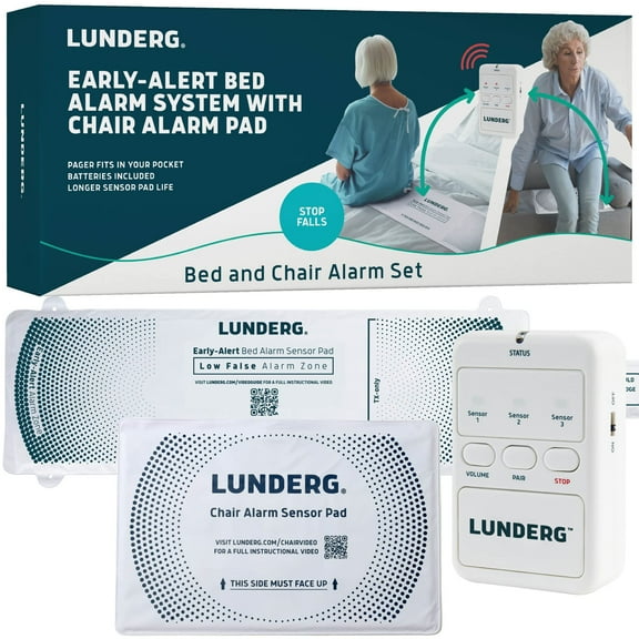 Lunderg Bed Alarm & Chair Alarm System - Wireless Early-Alert Bed Sensor Pad, Chair Sensor Pad & Pager - Chair & Bed Alarms and Fall Prevention for Elderly and Dementia Patients - Full Caregiver Set