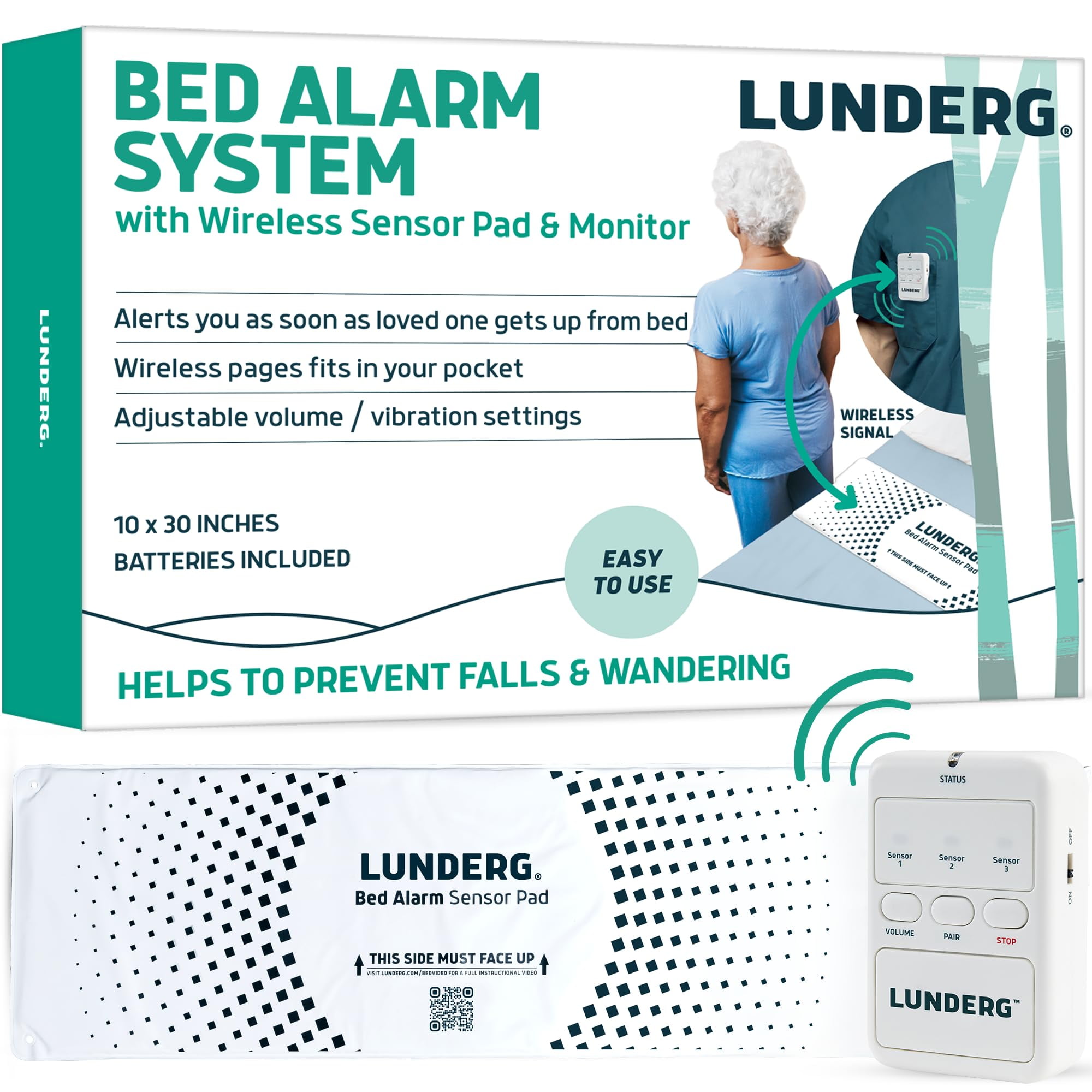 Lunderg Bed Alarm System Wireless Bed Sensor Pad (10” x 30”) & Pager