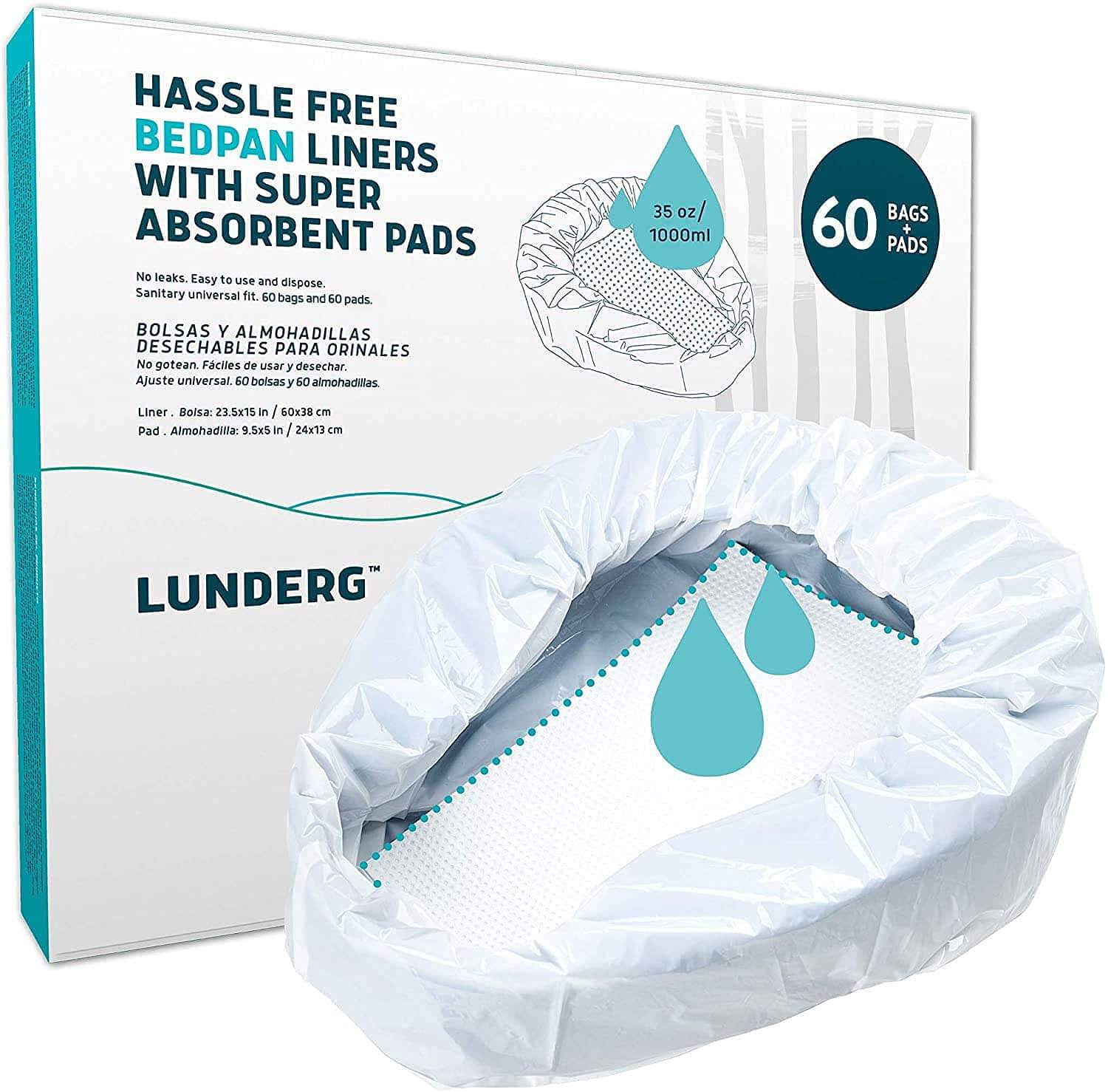 Lunderg Disposable Hospital Bedpan Liners with Super Absorbent Pads