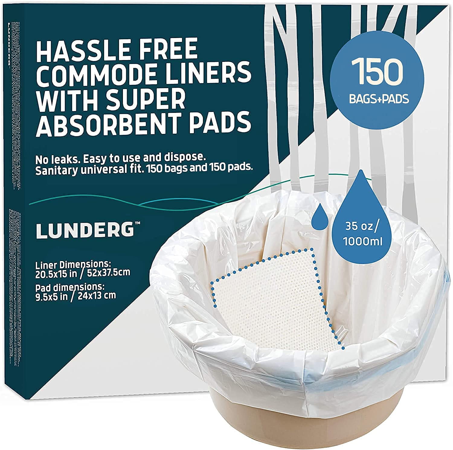 Lunderg Medical Grade Commode Liners with Absorbent Pads, 150 Count, Portable & Camping Toilet