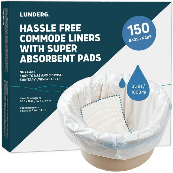 Lunderg Commode Liners with Absorbent Pads - Value Pack Medical Grade 150 Count Universal Fit - Disposable Bedside Commode Liners and Pads for Adult Commode Chairs, Portable & Camping Toilet Bags