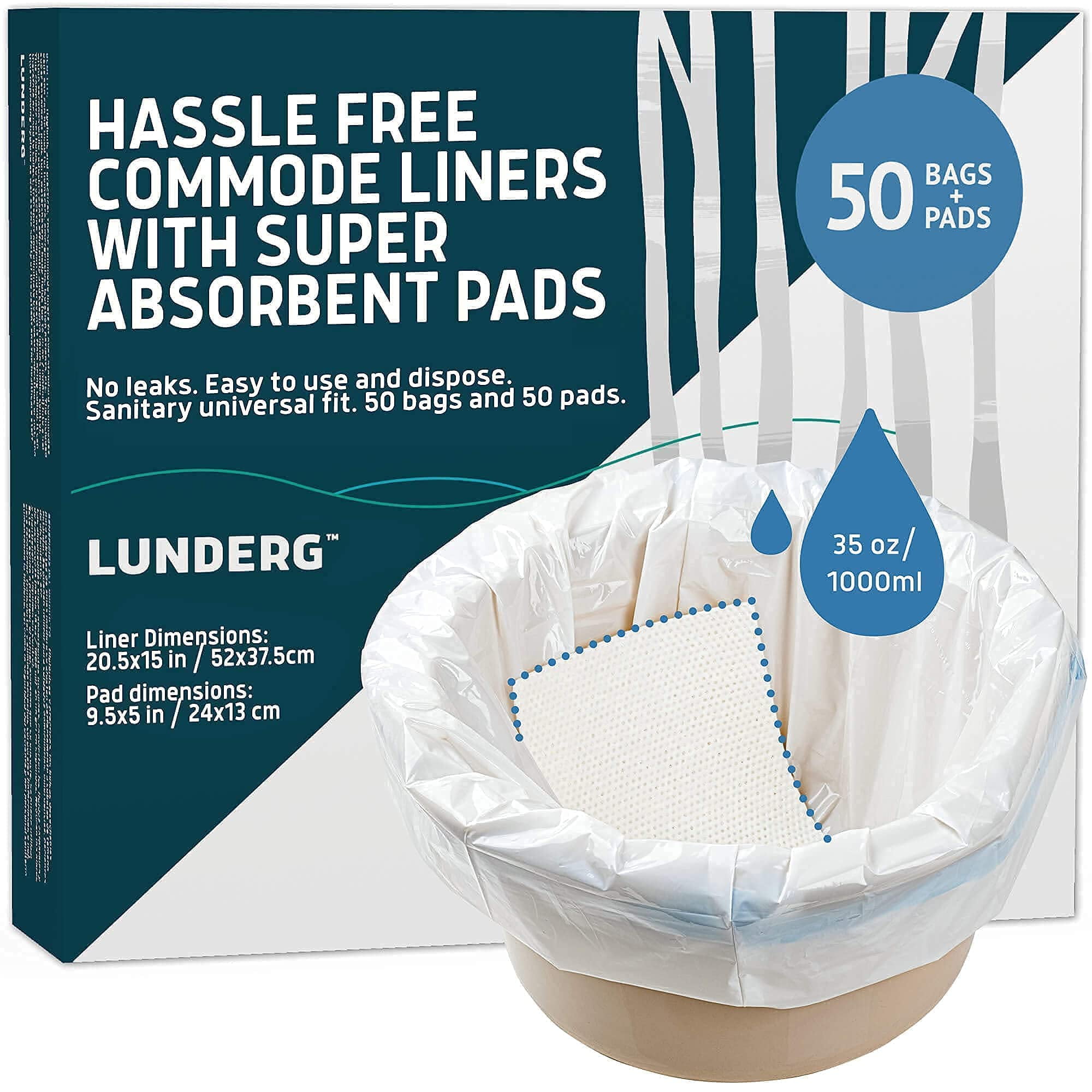 Lunderg Commode Liners with Absorbent Pads Value Pack Medical Grade