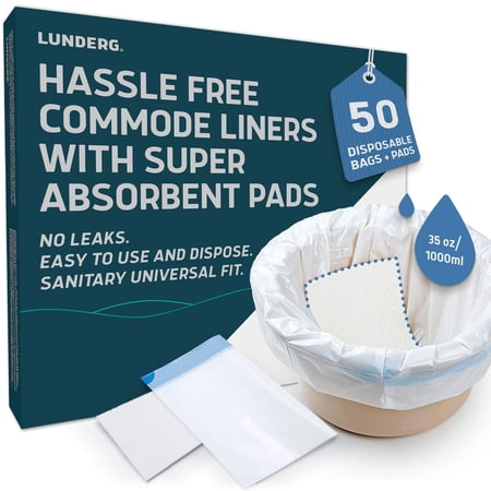 Lunderg Commode Liners with Absorbent Pads - Value Pack Medical Grade 50 Count Universal Fit - Disposable Bedside Commode Liners and Pads for Adult Commode Chairs, Portable & Camping To