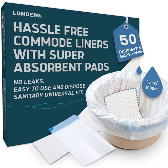 Lunderg Commode Liners with Absorbent Pads - Value Pack Medical Grade 50 Count Universal Fit - Disposable Bedside Commode Liners and Pads for Adult Commode Chairs, Portable & Camping To