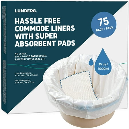 Lunderg Commode Liners with Absorbent Pads - Value Pack Medical Grade 75 Count Universal Fit - Disposable Bedside Commode Liners and Pads for Adult Commode Chairs, Portable & Camping Toilet Bags