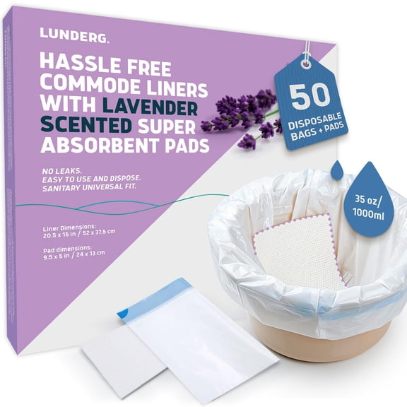 Lunderg Commode Liners with Lavender Scented Absorbent Pads - Value Pack Medical Grade 50 Count Universal Fit - Disposable Bedside Commode Liners and Pads for Adult Commode Chairs & Portable Toilets