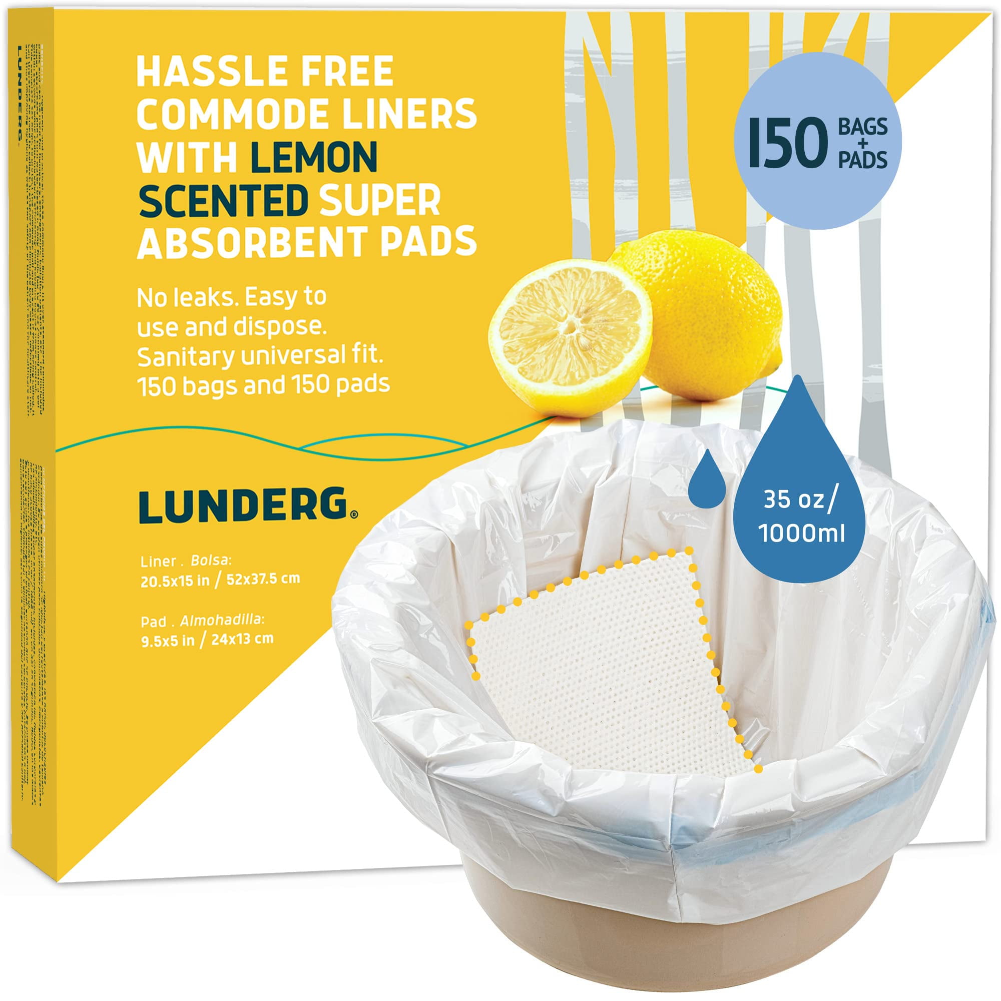 Lunderg Commode Liners with Lemon Scented Absorbent Pads Value Pack