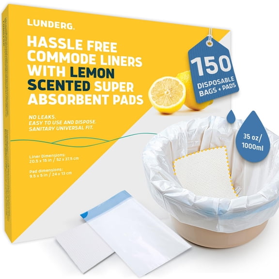 Lunderg Commode Liners with Lemon Scented Absorbent Pads - Value Pack Medical Grade 150 Count Universal Fit - Disposable Bedside Commode Liners and Pads for Adult Commode Chairs & Portable Toilets
